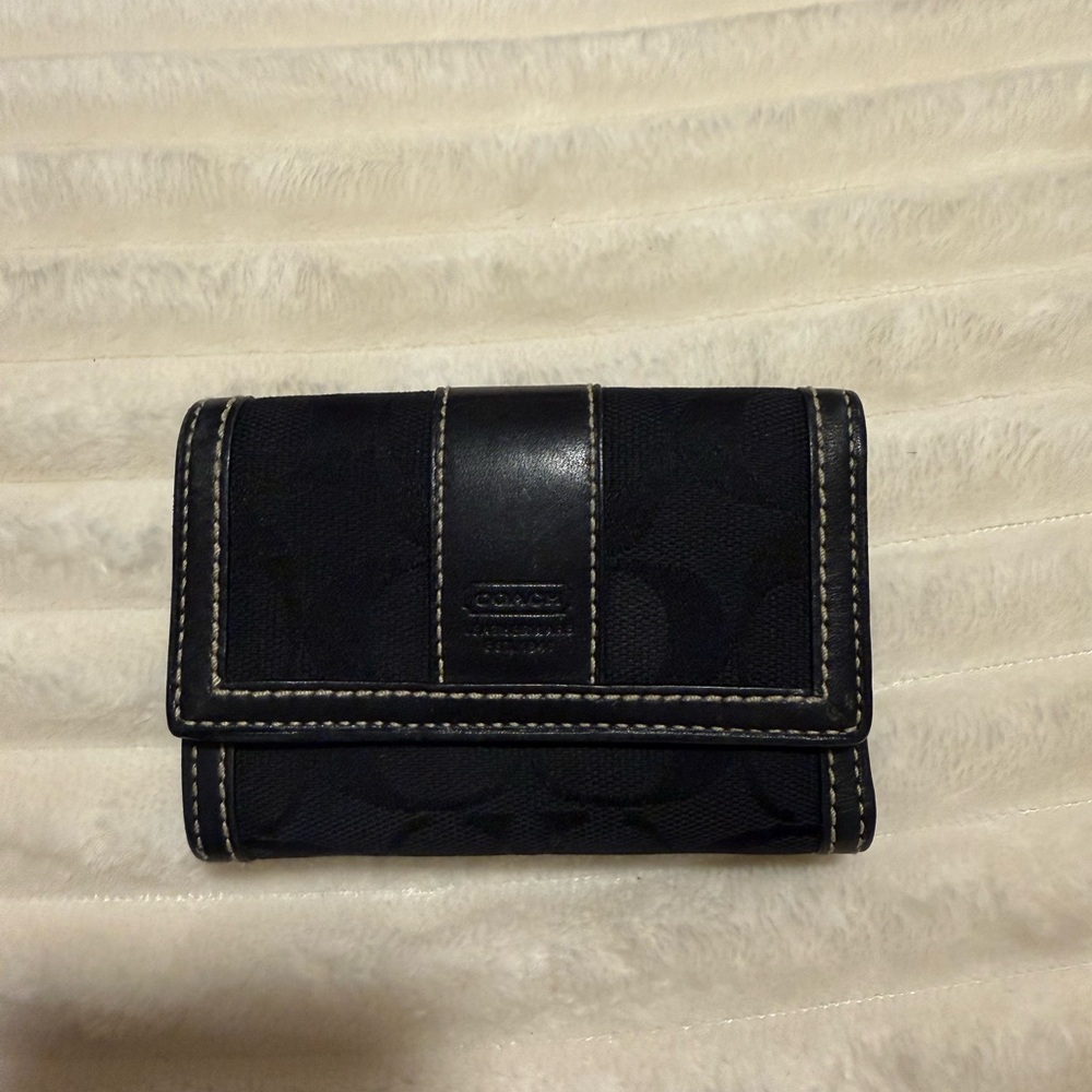 Coach Black Canvas Trifold Wallet with White Stitching